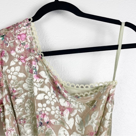 Hemant and Nandita Nina One Shoulder Floral Velvet Dress XS Cream Green Cocktail - Picture 4 of 10